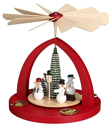 Rudolphs Schatzkiste Tischpyramide Schneemänner rubinrot Höhe 23cm NEU Holzpyramide Tischdekoration Dekoration Weihnachten Wärmespiel Lichter Figur Edelholz Seiffen Erzgebirge Holz Flügel Kerzen