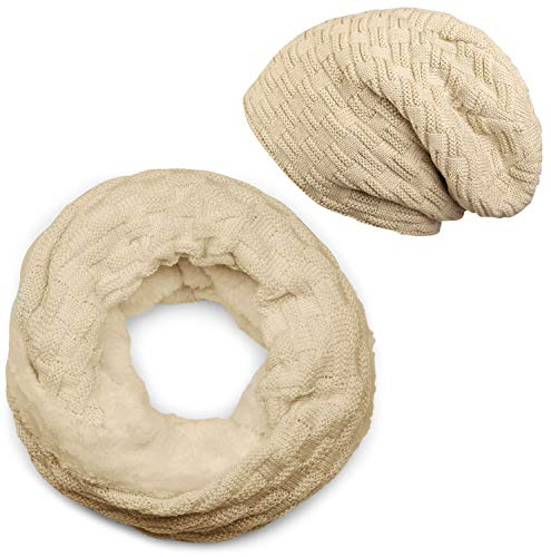 styleBREAKER Unisex Strick Schal Beanie Mütze Set | Kombination mit Flecht-Muster, Rundschal-Maß 58x21 cm. Kopfbedeckung mit Thermo-Fleece gefüttert, dehnbar bis 61 cm Umfang.