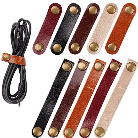 20 Pack Leather Cable Straps Multi Color Handmade Leather Cable Ties Keeper Cord Organizer Cord Management USB Earphone Headphone Wires Earphone Cable Clips(2 Sizes,5 Colors)