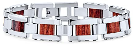 Herren Echtes Braunes Holz Und Silberfarbenes Edelstahlarmband Mit Starkem Rechteckigem Gliederdesign 9 Zoll Länge