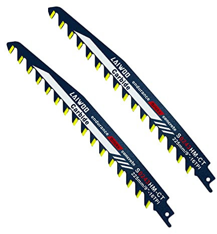 LAIWOO 2 Stück Säbelsägeblätter Stein, Hartmetallstahl Sägeblätter, Ytong Säge, Ziegelsäge Säbelsäge für Porenbeton, Beton für Einhell, Dewalt, Bosch (S0243HM, 225mm)