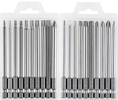 YUHIAKE Bit Set Lang, Magnetisch Bitsatz 20-teilig 100mm, Torx T8-T40, Hex H2-H6, PH1 PH2, PZ2, Schlitz bit, 1/4 Sechskant für den Universellen Einsatz