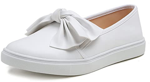 FEVERSOLE Women's Casual Slip On Sneaker Fashion Bow Tie Loafer Flats White Vegan Leather Size 8.5 M US