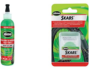 Slime 10015 Tube Sealant - Puncture Prevention for Bicycles, Dirt Bikes, Wheelbarrows and Ride-On Movers & Slime - Skabs Puncture Repair Patch Kit for Bicycle and Wheelbarrow Inner Tubes (6 Patches)