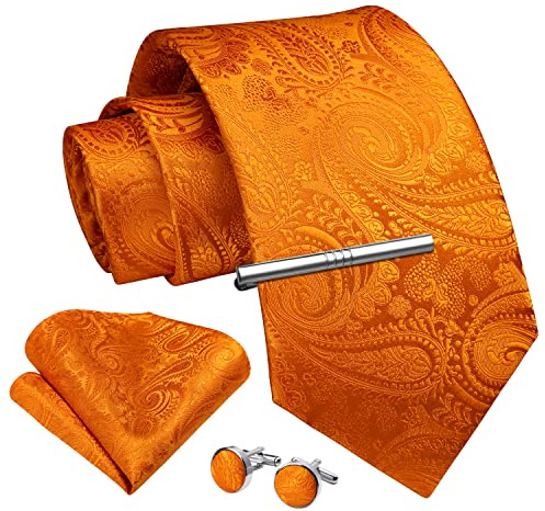 Enlision 8,6 cm paisleyband för män formella bröllop slips klassisk blommig vävd jacquard ficka fyrkantiga manschettknappar med slipsklämma set, Orange, en storlek