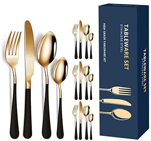XIAOYU juego de cubiertos, servicio de juego de cubiertos de acero inoxidable de 16 piezas para 4, mango mate, juego de cubiertos de vajilla para el restaurante del hotel de la cocina del hogar, negro