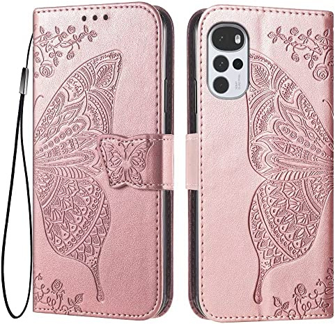 EASSGU Funda para Motorola Moto g22 (6.5 Inches) Flip Folio Carcasa Magnética de Cuero para Teléfono con 3 Ranuras para Tarjetas 1 Wallet, Case - Oro Rosa