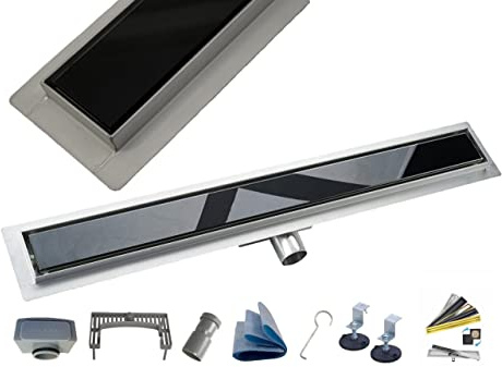 AQUA HEATING Duschrinne Glas Edelstahl superflach Komplettset 100cm schwarz | Linearer Bodenablauf mit Siphon, bodengleiche Dusche, Ablaufgarnitur-Set, Duschablauf Badezimmer