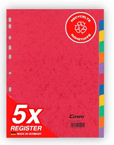 Conipa Trennblätter für Ordner A4, 12 Farben Register, 5er Set, Rot | Farbige Registerblätter mit 12 überstehenden Tabs und Universallochung, beschriftbar, Made in Germany