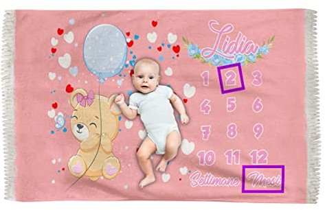 Overthetee, Copertina complimese neonata 1-12 personalizzabile con nome, 150x100 cm in pile, stampa ad alta definizione, kit riquadri incluso, idea regalo nascita