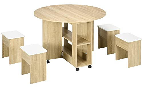 HOMCOM Set Tavolo e Sedie 5 Pezzi Rotondo Pieghevole 4 Sgabelli Rovere | In Truciolato, 2 Ripiani Aperti