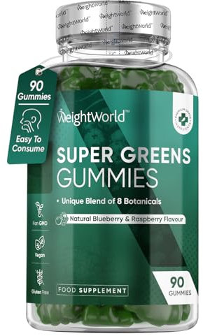 Super Greens in 90 Caramelle Gommose Vegane, 8 Superfood, Multivitaminico, Vitamina B Complex, Zinco, Moringa, Clorella, Erba d'Orzo, Spinaci, Vitamine Gommose Aroma Mirtillo e Lampone, Senza Glutine