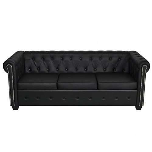 Homgoday Wohnzimmersofas, Wohnzimmersofa mit Holzstruktur aus schwarzem Leder mit Knöpfen und runden Nieten, Kunstledersofa mit gebogenen Armen