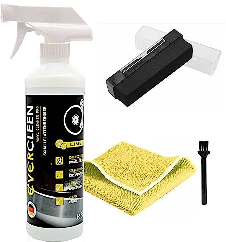 EVERCLEEN Made in Germany Vinyl Record Cleaner Pro Set di pulizia per dischi da 500 ml + spazzola in velluto + panno in microfibra + spazzola – detergente vegano ecologico per dischi in vinile