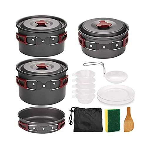 BONOOL 4–5 Personen Outdoor-Kochgeschirr-Sets, Camping-Geschirr, Aluminium-Pfannen, Pfannen, Teller, Schüsseln, Kochset für Reisen, Picknick, Wandern