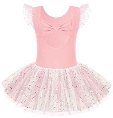 Arshiner Mädchen Glitzer Ballettkleidung Schleifenknoten Ballettkleid Kinder Tanz Trikots Kurze Ärmel Ballett Outfits Kleidung Tutu Kleid Rosa 120