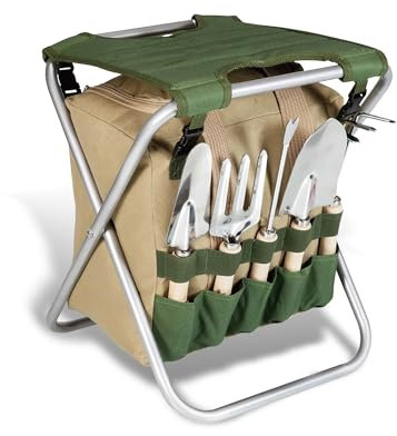 Bikain - Sgabello Pieghevole da Giardino - Set di Attrezzi - Borsa di Stoccaggio con Cerniera - Include 5 Attrezzi con Manico in Legno