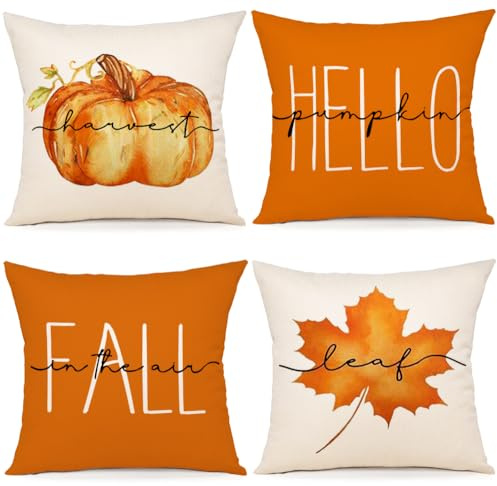 ZWJD Kissenbezug Herbst 50x50 4er Set Dekoration Kissenhülle Herbst Deko Leinen Kissenhüllen Ahornblätter Kürbis Kissen für DekoSofa Home Garten Schlafzimmer Dekokissen Kissenbezüge 50x50 cm