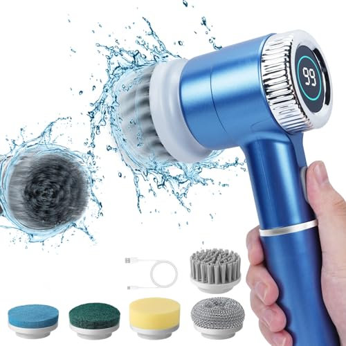 Rotating Cleaning Brush, Electric Spin Scrubber, 5 Replaceable Heads, 3 Modes with LED Display, Handheld Power Spin Scrubber Joint Brush, Cordless Cleaning Brush, Blue