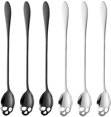 AYV Set 4 Cucchiani da Caffè,Cucchiaio da Zucchero a Forma di Teschio,in Acciaio Inox,Cucchiaini da Caffè Particolari,Cucchiaini da Dolce,Metal Stirring Slotted Spoon(Black+Silver)