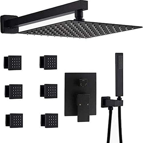 XUSHIQMG Duschsystem, Wandmontage, schwarzes Badezimmer, 10-12 Zoll, quadratisches Regenduschen-Wasserhahnsystem mit 6-teiligem Body-Jets-Mischbatterie-Set, Luxus-Duschset, 10 Zoll