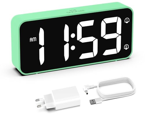 HOMVILLA Reveil, Réveil Numérique avec Grand écran LED, 5-100% Luminosité, 90-120 DB Volume, 2 Alarmes, 12/24H, Fonction Snooze, Reveil sur Secteur (Adaptateur Inclure) Vert