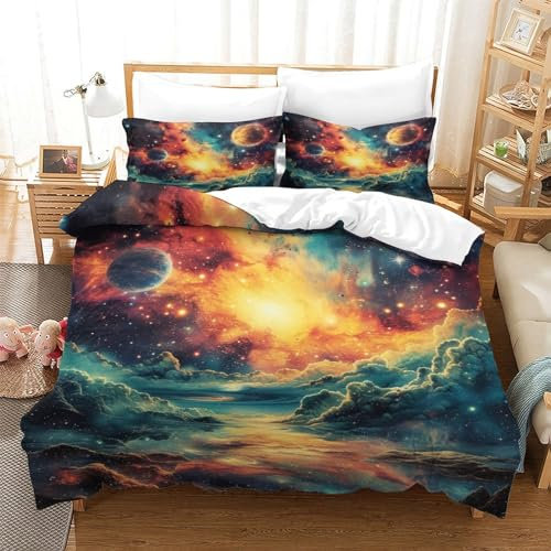 GNMRTFEAE Weltall Bettwäschegarnitur Bettbezug Set Mädchen Junge Kinder Bettwäsche Weich Microfaser Reissverschluss Und Kissenbezüge 3 Teilig Single（140x200cm）