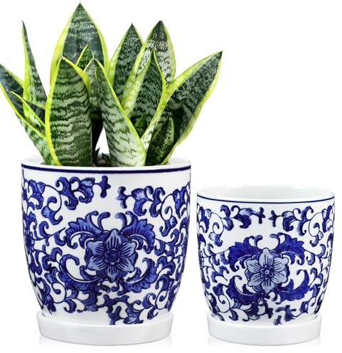 2er-Set Blau und Weiß Blumentopf Keramik Pflanztöpfe Sukkulentententöpfe mit Drainagelöchern und Untersetzern Kleiner Keramik-Pflanztopf für Sukkulenten Kaktus Indoor Outdoor Garten Fensterbank