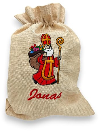 Personalisiertes Nikolaussackerl mit Name - weihnachtliche Bestickung - Motiv röm.-kath. Nikolaus - Nikolaussack - Nikolausbeutel - Jutebeutel