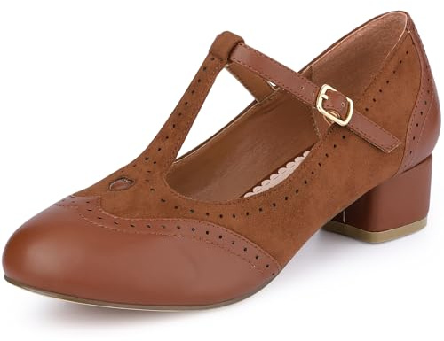 Allegra K Women Faux Suede T-Strap Mary Jane Ankle Strap Block Heels Pumps | Round Toe Design. 1.6 Inch Heel. Retro Style for Dressy Needs. Comfortable Block Heel. Secure Ankle Strap
