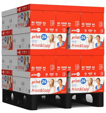 print24 Druckerpapier Kopierpapier 500-150000 Blatt A4 80g Premium Weiß Testsieger PEFC (140.000 Blatt - Palette)