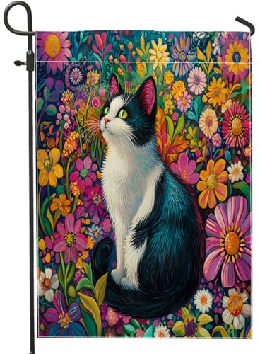 Bandiera da giardino floreale con gattino, decorazione colorata con fiori primaverili, bandiera da cortile su entrambi i lati per decorazione domestica esterna, accessori da giardino con animali
