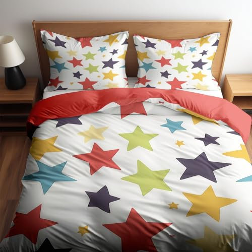 CozyRest Bettwäsche Set Bunte Sterne Rot Orange, 180 x 200 cm Bettbezug, Mikrofaser Wendebettwäsche mit Reißverschluss, 2 Kissenbezüge 80x80 cm, Weich & Pflegeleicht, Einzelbett