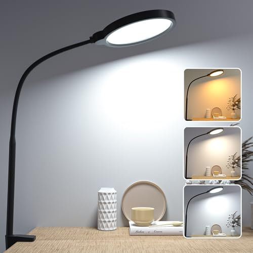 Hensam LED-Schreibtischlampe, dimmbar, mit Klemme, 10 Helligkeitsstufen und 3 Farbtemperaturen, zum Beleuchten von Arbeitsflächen, Lesen, Zeichentisch, Studie, Schwarz