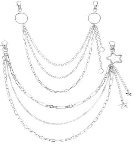 2 Pièces Chaîne de Pantalon Argent, Chaîne de Jeans Superposée avec Pendentif Étoile et Lune pour Hommes et Femmes, Accessoire Punk Gothique Hip Hop pour Ceinture, Pantalon, Jean
