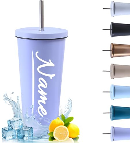 Thermobecher Personalisiert mit Namen Edelstahl Trinkbecher mit Deckel und Strohhalm Kaffeebecher to Go Thermobecher Spülmaschinenfest Autobecher Tumbler für Kalte Heiße Getränke (Lila, 500ml)