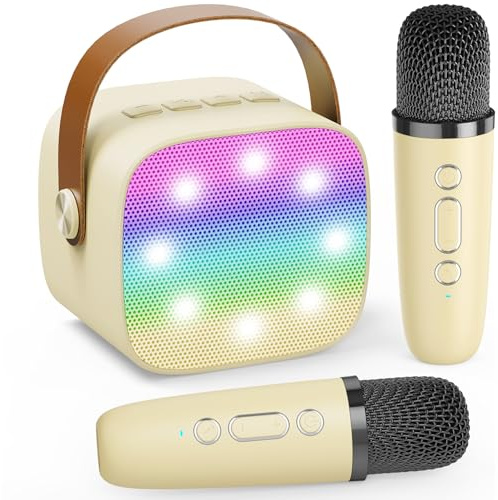Mini Karaoke Machine with 2 Wireless Mics for Kids &Adults, Gift for Age 3+ | portable Bluetooth Speaker, 5 Voice Changer and LED Colorful Lights, for Boys Girls Adults, Ideal Gift (Beige)