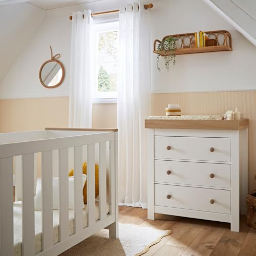 CuddleCo Luna Nursery Furniture Set (2 Piece) | Convertible Baby Cot Bed and Baby Changing Table with Drawers | White & Oak