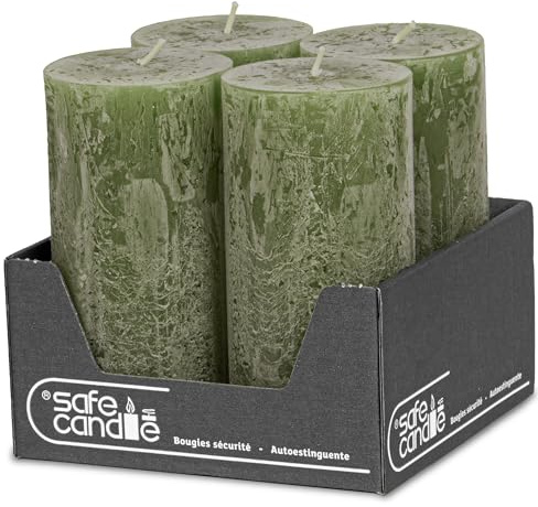 DecoLite Stumpenkerzen Rustik 14 x 7 cm, 69h, 4er Set, Olive | Made in Germany, RAL-geprüft, selbstverlöschend, durchgefärbt, ruß- & tropffrei, Kerzen für Advent, Hochzeit & Gastronomie