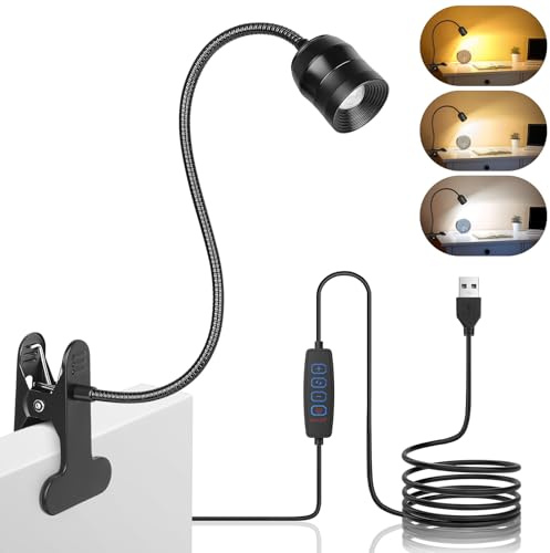 LED-Klemmlampe für Schreibtisch & Bett mit 360°dreh und schwenkbarer Hals | Schwanenhals Lampe mit 10 Helligkeitsstufen, 3 Farbmodi, Kompakte Lampe für Wohnheim, Nachttisch & Arbeitsplatz, 1 Stück