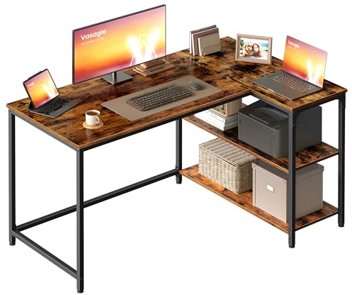 VASAGLE Escritorio en L, Escritorio Gaming para Ordenador con Estantería, Baldas de Altura Regulable, Estación de Trabajo para Estudio y Oficina, 120 x 80 cm, Marrón Rústico LWD136KD01