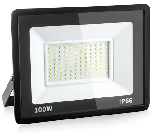 Rravdst 100W LED Floodlight Outdoor, 10800LM Super Bright LED Security Lights, IP66 Waterproof, 6000K Daylight White Flood Lights Wall Light for Warehouse, Garage, Backyard, 1 Pack