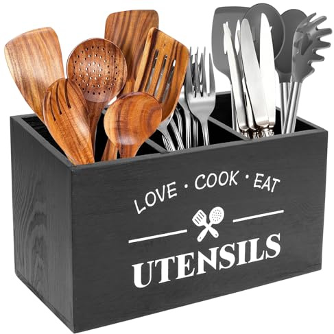 JEJUWE Kitchen Utensil Holder Wooden Cooking Utensil Organizer with 3 Compartment and Drainage Bottom to keep dry Cutlery Holder for Forks Spoons Cutters Countertop Farmhouse(black)