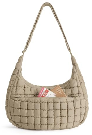bagsmart Umhängetasche Damen Crossbody Bag, Puffer Tasche Moon Bag mit Verstellbarem Schultergurt, Gesteppte Schultertasche für Arbeit Uni Reisen Alltag, Kamel, L