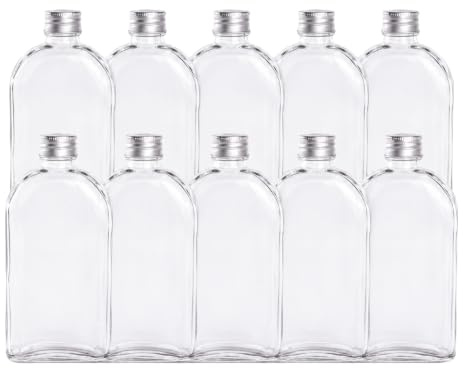 350ml Glass Bottles with Lids, Pack of 10, Airtight Screw Cap Hip Flask | Reusable Glass Bottle for Sloe Gin, Whisky, Liqueur, Vinegar, Sauces, Spell Jars - Ideal Homemade Gifts and Wedding Favours