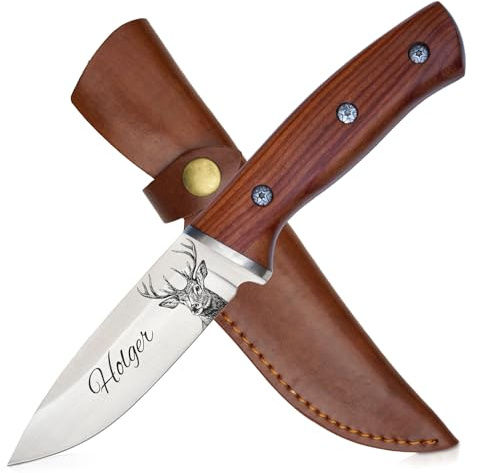 ADAM WILD Jagdmesser mit Gravur | personalisierte Jagd-Geschenke für Jäger | Wildsau, Hirsch, Wolf, Reh & Fuchs mit Wunschname graviert | rostfreier Edelstahl, Holzgriff & Lederscheide | Jagdzubehör