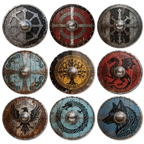 ANATTASOUL Retro Vikings Shields Wood Coasters Set of 9 for Coffee Table | Home Decor,3.9 Round,Vintage,Colorful Wooden Cup Mat,Funny Desk Coasters,for Apartment,Office,Bar,Kitchen,Gifts