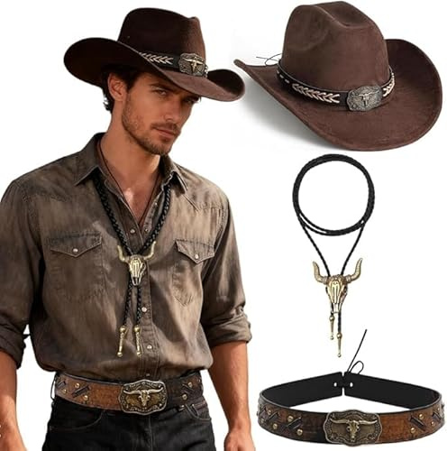 GNMQWP Cappello da cowboy occidentale, colore bronzo, cravatta da cowboy, cintura per cappelli da cowboy, stile western, carnevale, decorazione di Halloween, regalo di Natale, regalo di compleanno