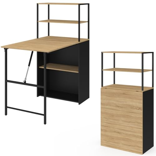 IDMarket - Bureau bibliothèque Pliable Ray Plateau Rabattable Bois façon hêtre et Noir