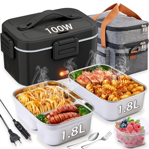 Kimfead Gamelle Chauffante 1,8Lx2 100W Lunch Box Chauffante Boite Chauffante Repas Acier Inoxydable Détachable pour Voiture Camion Bureau 12V/24V/230V avec Sac(1.8L-Noir)